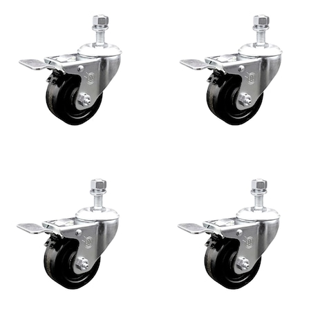 Service Caster 3 Inch SS Phenolic Swivel 3/8 Inch Threaded Stem Caster Set Total Lock Brake SCC SCC-SSTSTTL20S314-PHS-381615-4
